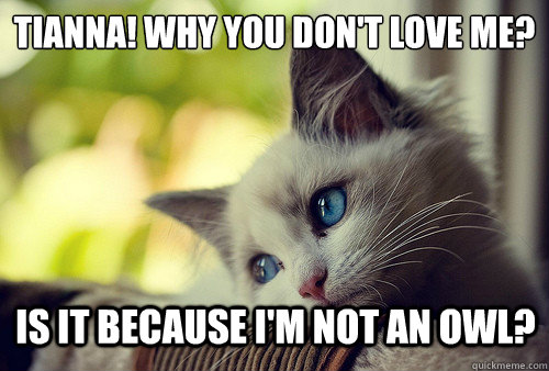 Tianna! Why you don't love me?
 Is it because I'm not an Owl?   First World Problems Cat