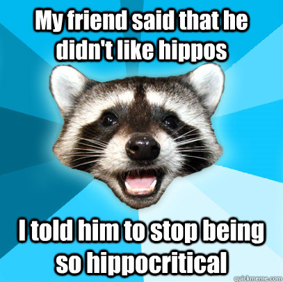 My friend said that he didn't like hippos  I told him to stop being so hippocritical  Lame Pun Coon