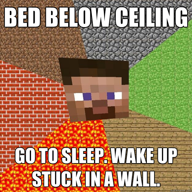 Bed below ceiling Go to sleep. Wake up stuck in a wall.  Minecraft