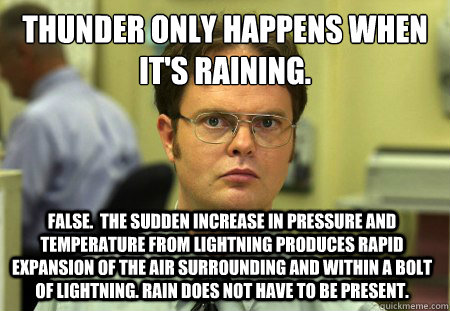 Thunder only happens when it's raining. False.  The sudden increase in pressure and temperature from lightning produces rapid expansion of the air surrounding and within a bolt of lightning. Rain does not have to be present.  Dwight