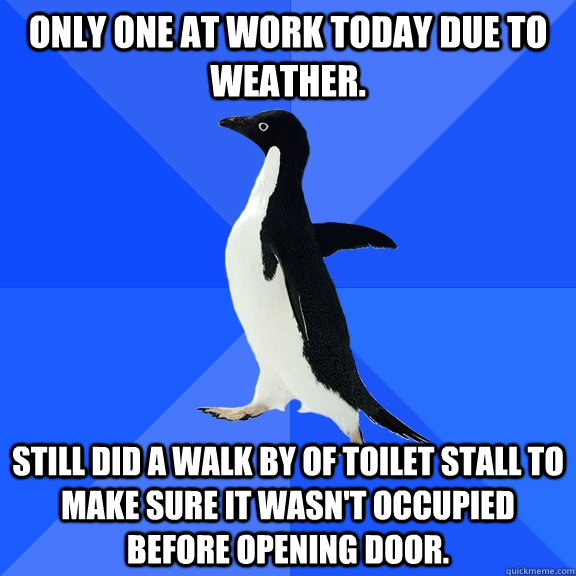Only one at work today due to weather. Still did a walk by of toilet stall to make sure it wasn't occupied before opening door.  Socially Awkward Penguin