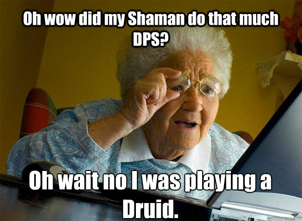 Oh wow did my Shaman do that much DPS? Oh wait no I was playing a Druid.     - Oh wow did my Shaman do that much DPS? Oh wait no I was playing a Druid.      Grandma finds the Internet