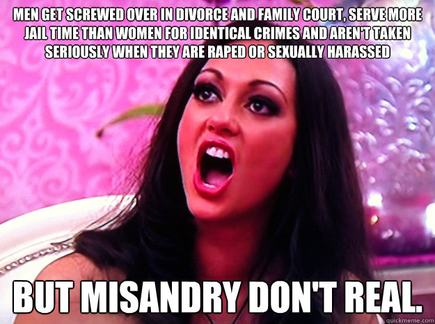 Men get screwed over in divorce and family court, serve more jail time than women for identical crimes and aren't taken seriously when they are raped or sexually harassed  But misandry don't real. - Men get screwed over in divorce and family court, serve more jail time than women for identical crimes and aren't taken seriously when they are raped or sexually harassed  But misandry don't real.  Feminist Nazi