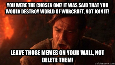 You were the Chosen One! It was said that you would destroy world of warcraft, not join it! Leave those memes on your wall, not delete them!  Epic Fucking Obi Wan