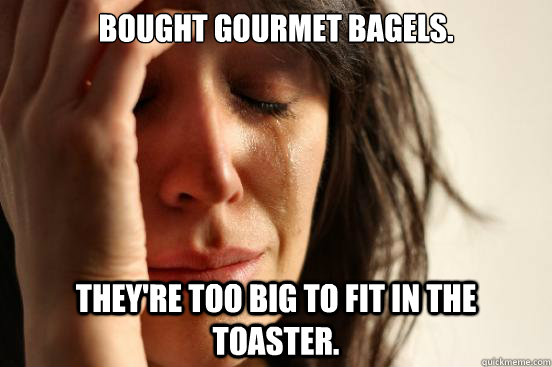 Bought Gourmet Bagels. They're too big to fit in the toaster.  First World Problems