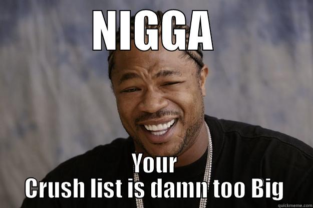 NIGGA YOUR CRUSH LIST IS DAMN TOO BIG Xzibit meme