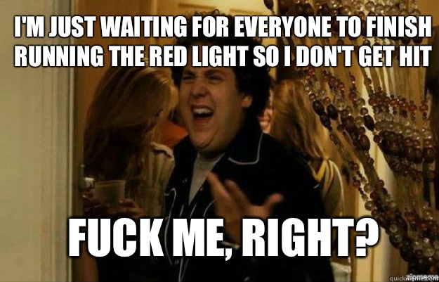 I'm just waiting for everyone to finish running the red light so I don't get hit FUCK ME, RIGHT?  fuck me right