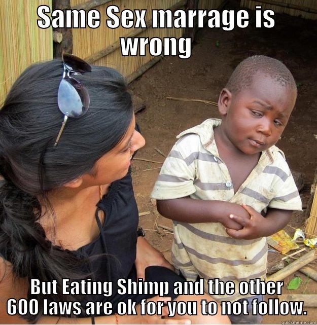 SAME SEX MARRAGE IS WRONG BUT EATING SHIMP AND THE OTHER 600 LAWS ARE OK FOR YOU TO NOT FOLLOW. Skeptical Third World Kid