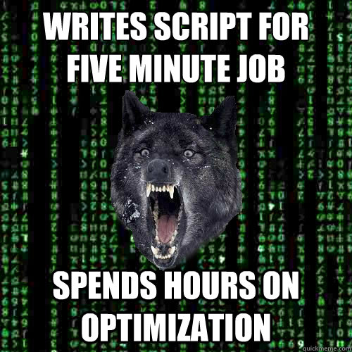 writes script for
five minute job spends hours on optimization  Insane Programmer Wolf