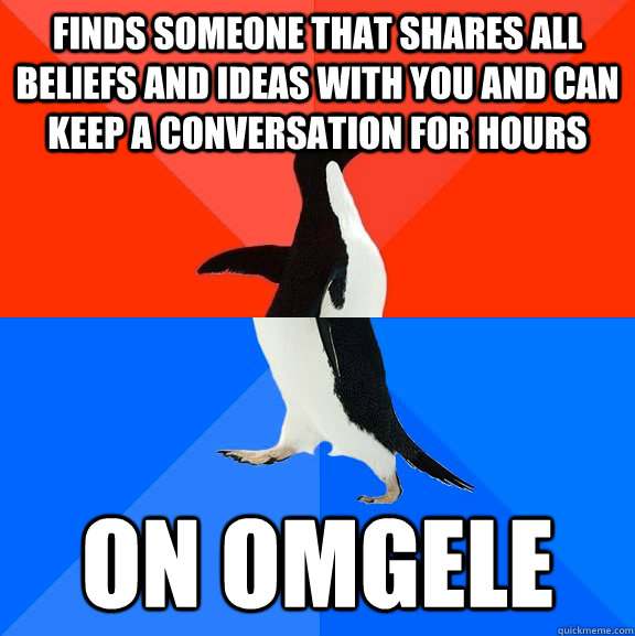 finds someone that shares all beliefs and ideas with you and can keep a conversation for hours on omgele  Socially Awesome Awkward Penguin
