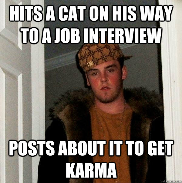 HITS A CAT ON HIS WAY TO A JOB INTERVIEW  POSTS ABOUT IT TO GET KARMA   Scumbag Steve