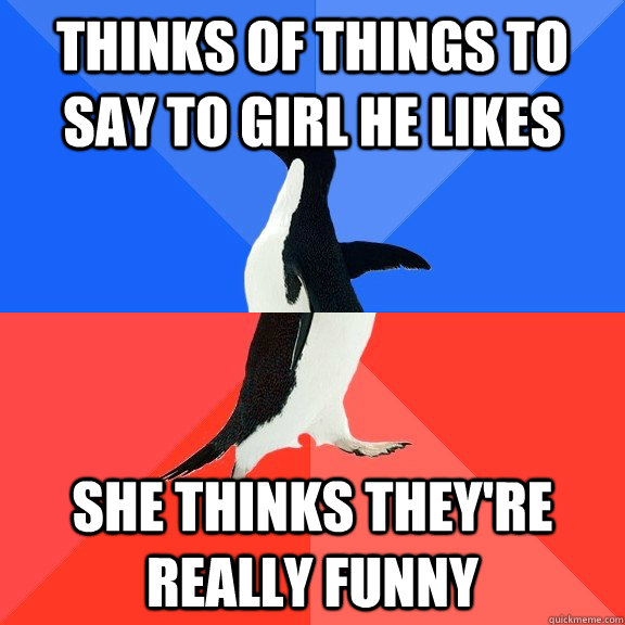 Thinks of things to say to girl he likes She thinks they're really funny  Socially Awkward Awesome Penguin