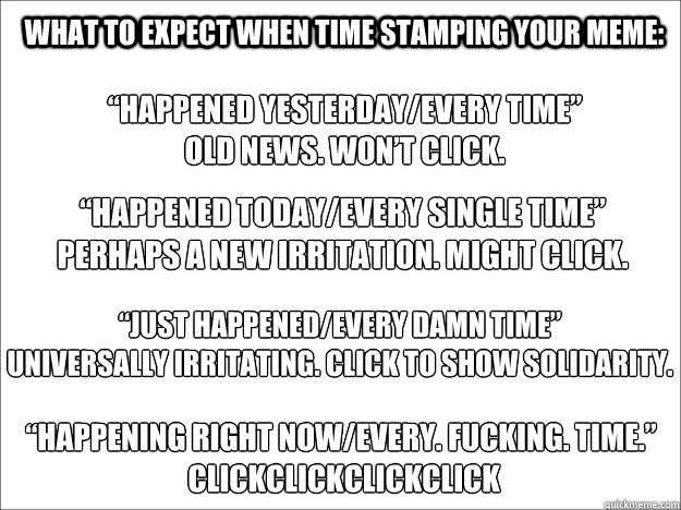 What To Expect When Time Stamping Your Meme: “Happened yesterday/Every time” 
Old News. Won’t Click. “Happened today/Every single time” 
Perhaps a new irritation. Might click. “Just happened/Every damn time” 
Univ  
