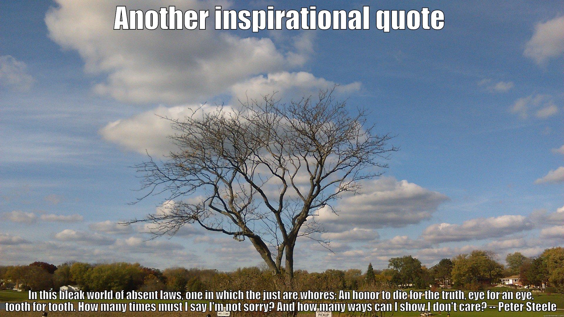ANOTHER INSPIRATIONAL QUOTE IN THIS BLEAK WORLD OF ABSENT LAWS, ONE IN WHICH THE JUST ARE WHORES; AN HONOR TO DIE FOR THE TRUTH, EYE FOR AN EYE, TOOTH FOR TOOTH. HOW MANY TIMES MUST I SAY I'M NOT SORRY? AND HOW MANY WAYS CAN I SHOW I DON'T CARE? -- PETER STEELE Misc