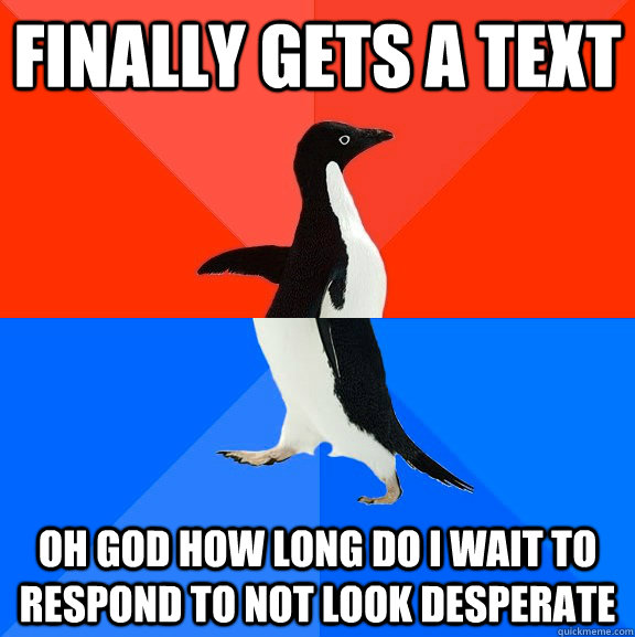 finally gets a text  oh god how long do i wait to respond to not look desperate  Socially Awesome Awkward Penguin