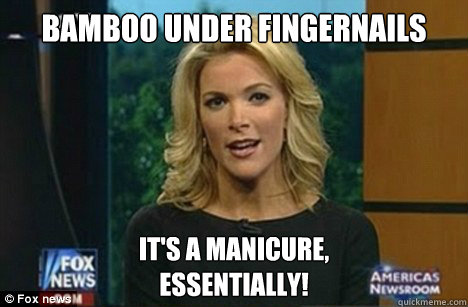 Bamboo Under fingernails It's a manicure,
Essentially! Waterboarding



It is an aggressive bubble-bath, essentially!  Megyn Kelly