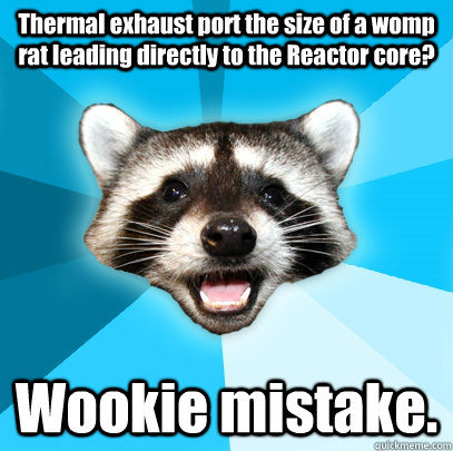 Thermal exhaust port the size of a womp rat leading directly to the Reactor core? Wookie mistake.  Lame Pun Coon