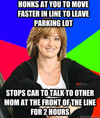 Honks at you to move faster in line to leave parking lot Stops car to talk to other mom at the front of the line for 2 hours  Sheltering Suburban Mom