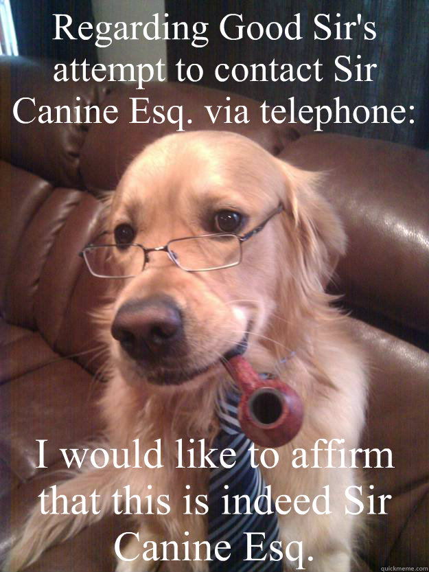 Regarding Good Sir's attempt to contact Sir Canine Esq. via telephone: I would like to affirm that this is indeed Sir Canine Esq. - Regarding Good Sir's attempt to contact Sir Canine Esq. via telephone: I would like to affirm that this is indeed Sir Canine Esq.  Sir Canine Esq.