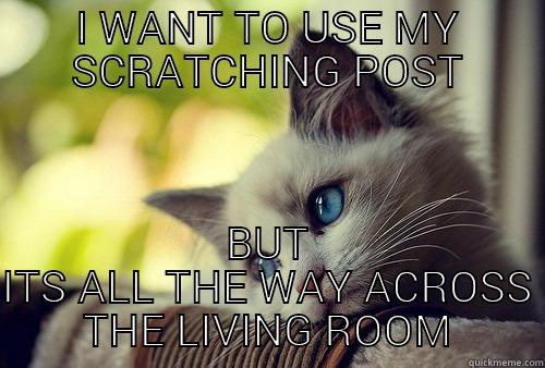 My Scrathing Post - I WANT TO USE MY SCRATCHING POST BUT ITS ALL THE WAY ACROSS THE LIVING ROOM First World Problems Cat