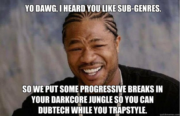 Yo dawg, I heard you like sub-genres. So we put some Progressive breaks in your Darkcore jungle so you can Dubtech while you Trapstyle.   Yo Dawg 1