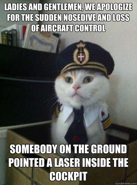 LADIES AND GENTLEMEN, WE APOLOGIZE FOR THE SUDDEN NOSEDIVE AND LOSS OF AIRCRAFT CONTROL SOMEBODY ON THE GROUND POINTED A LASER INSIDE THE COCKPIT  Captain kitteh