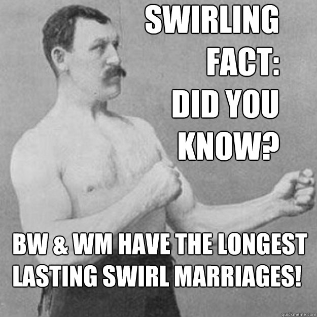 Swirling 
Fact:
Did you 
know?
 BW & WM have the longest 
lasting swirl marriages!  overly manly man