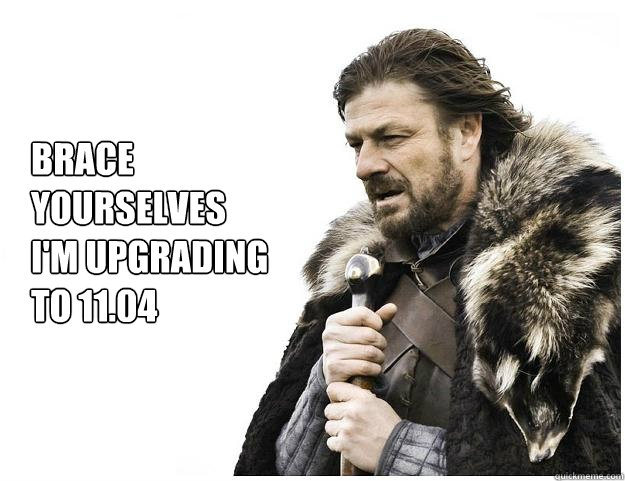 Brace yourselves
I'm upgrading to 11.04  Imminent Ned