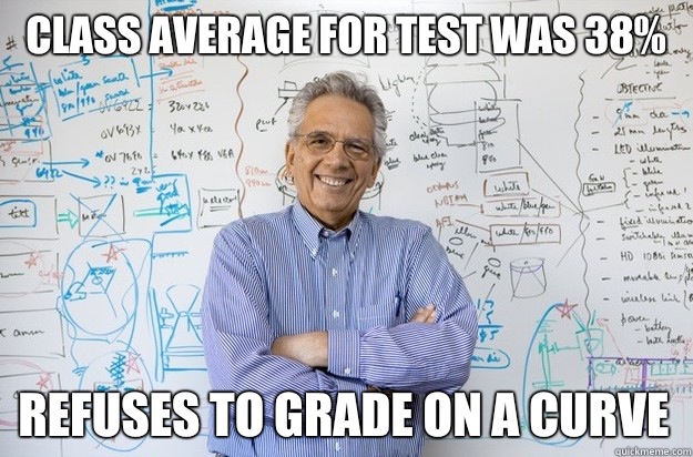 Class average for test was 38% Refuses to grade on a curve  Engineering Professor
