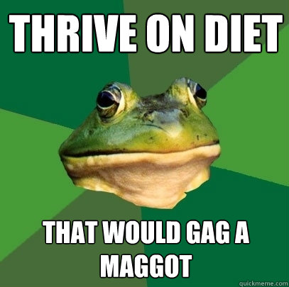 Thrive on diet That would gag a maggot  Foul Bachelor Frog