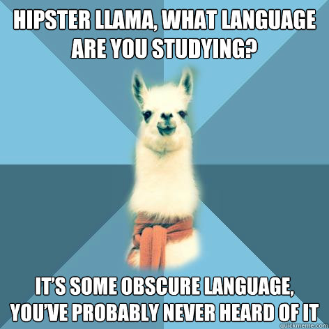 Hipster llama, what language are you studying? It’s some obscure language, you’ve probably never heard of it  Linguist Llama