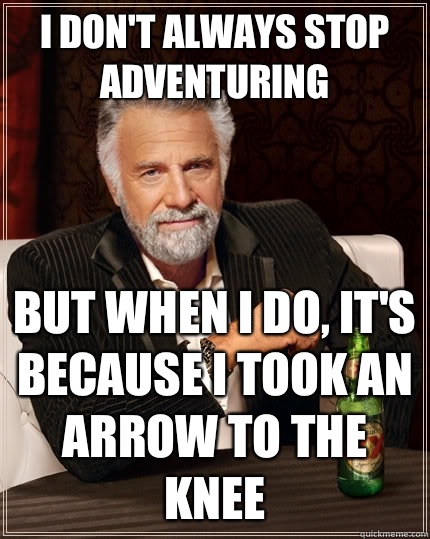 I don't always stop adventuring but when I do, it's because I took an arrow to the knee  The Most Interesting Man In The World