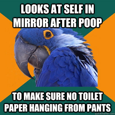 Looks at self in mirror after poop to make sure no toilet paper hanging from pants - Looks at self in mirror after poop to make sure no toilet paper hanging from pants  Paranoid Parrot