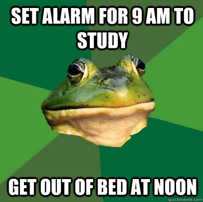 Set alarm for 9 am to study Get out of bed at noon  Foul Bachelor Frog