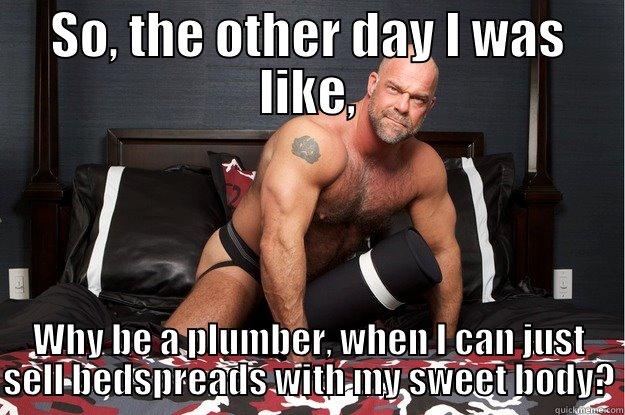 SO, THE OTHER DAY I WAS LIKE, WHY BE A PLUMBER, WHEN I CAN JUST SELL BEDSPREADS WITH MY SWEET BODY? Gorilla Man