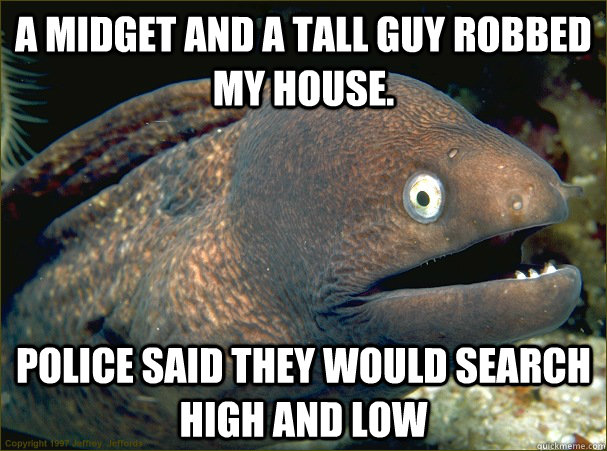 A Midget and a tall guy robbed my house. Police said they would search high and low - A Midget and a tall guy robbed my house. Police said they would search high and low  Bad Joke Eel