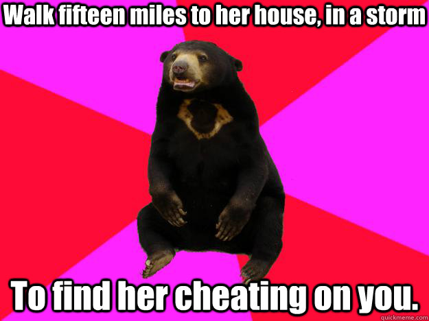 Walk fifteen miles to her house, in a storm To find her cheating on you.  Broken Heart Bear