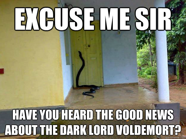 Excuse me sir Have you heard the good news about the dark lord Voldemort? - Excuse me sir Have you heard the good news about the dark lord Voldemort?  Jehovas snake