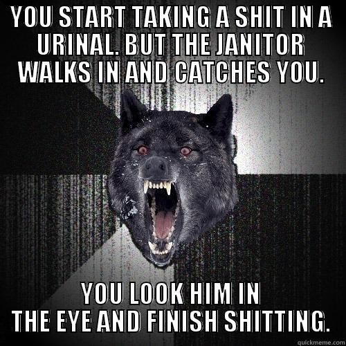 YOU START TAKING A SHIT IN A URINAL. BUT THE JANITOR WALKS IN AND CATCHES YOU. YOU LOOK HIM IN THE EYE AND FINISH SHITTING. Insanity Wolf