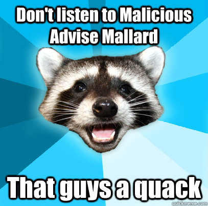 Don't listen to Malicious Advise Mallard That guys a quack - Don't listen to Malicious Advise Mallard That guys a quack  Lame Pun Coon