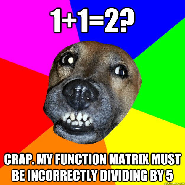 1+1=2? crap. my function matrix must be incorrectly dividing by 5 - 1+1=2? crap. my function matrix must be incorrectly dividing by 5  Overly Overachiever Fail Dog