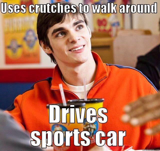 USES CRUTCHES TO WALK AROUND  DRIVES SPORTS CAR Misc