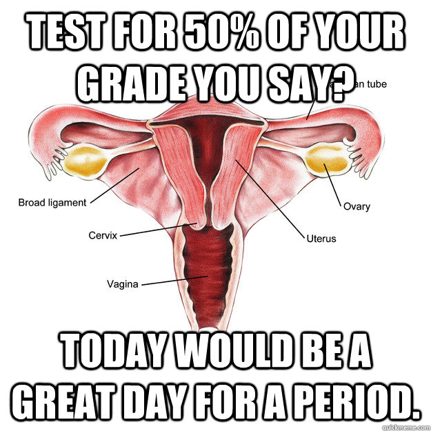 Test for 50% of your grade you say? Today would be a great day for a period.  - Test for 50% of your grade you say? Today would be a great day for a period.   Misc