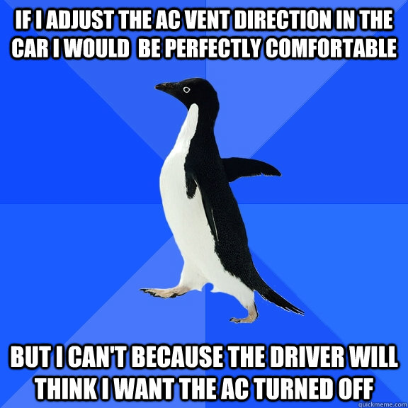 If I adjust the AC vent direction in the car I would  be perfectly comfortable But I can't because the driver will think I want the AC turned off  Socially Awkward Penguin