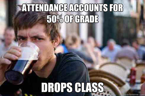 Attendance accounts for 
50% of grade Drops class  Lazy College Senior