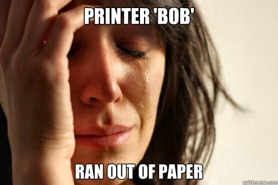 Printer 'BOB'  ran out of paper  First World Problems
