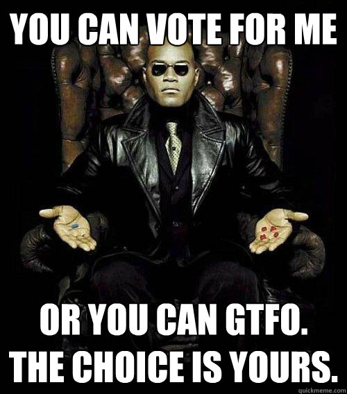 You can vote for me or you can gtfo. the choice is yours.  Morpheus