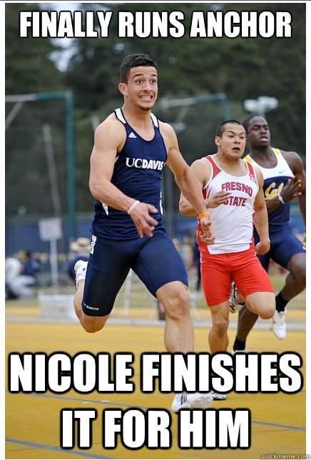 Finally runs anchor Nicole finishes it for him  Kaio