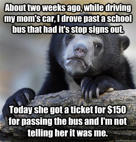 About two weeks ago, while driving my mom's car, I drove past a school bus that had it's stop signs out. Today she got a ticket for $150 for passing the bus and I'm not telling her it was me.   Confession Bear