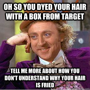 Oh so you dyed your hair with a box from target Tell me more about how you don't understand why your hair is fried  Condescending Wonka